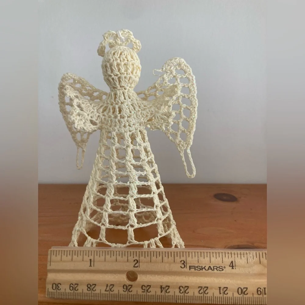 Vintage Crocheted Beige Starched Angel Tree Topper 6” Tall Handmade